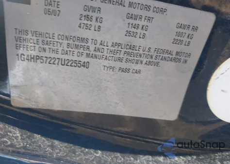 2007 Buick Lucerne Cx z USA, uszkodzony, nr VIN 1G4HP57227U225540